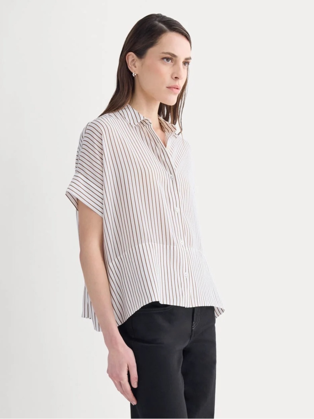 Everlane The Boxy Shirt in Washable Silk Bone Toffee Stripe Size 16 NWT